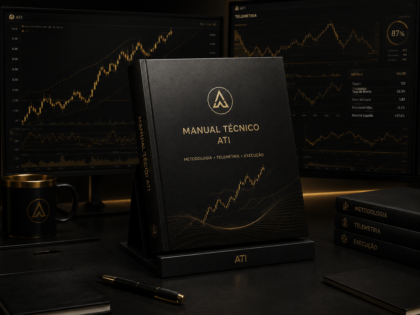 Manual Técnico ATI em mesa de trabalho com gráficos e documentação premium