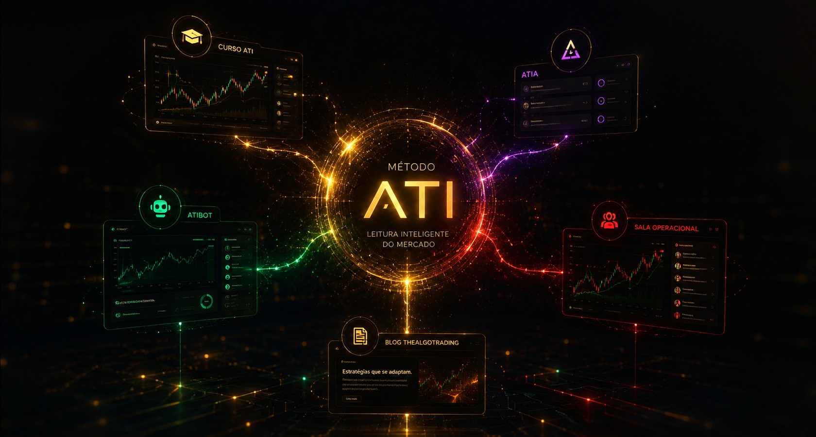 Ecossistema ATI conectando Curso ATI, ATIA, ATIBOT, Sala Operacional e conteúdo técnico
