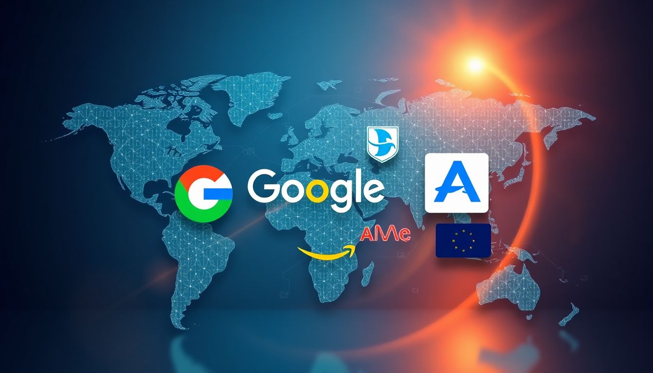 Logos de gigantes da tecnologia em um mapa financeiro global, representando o impacto no mercado