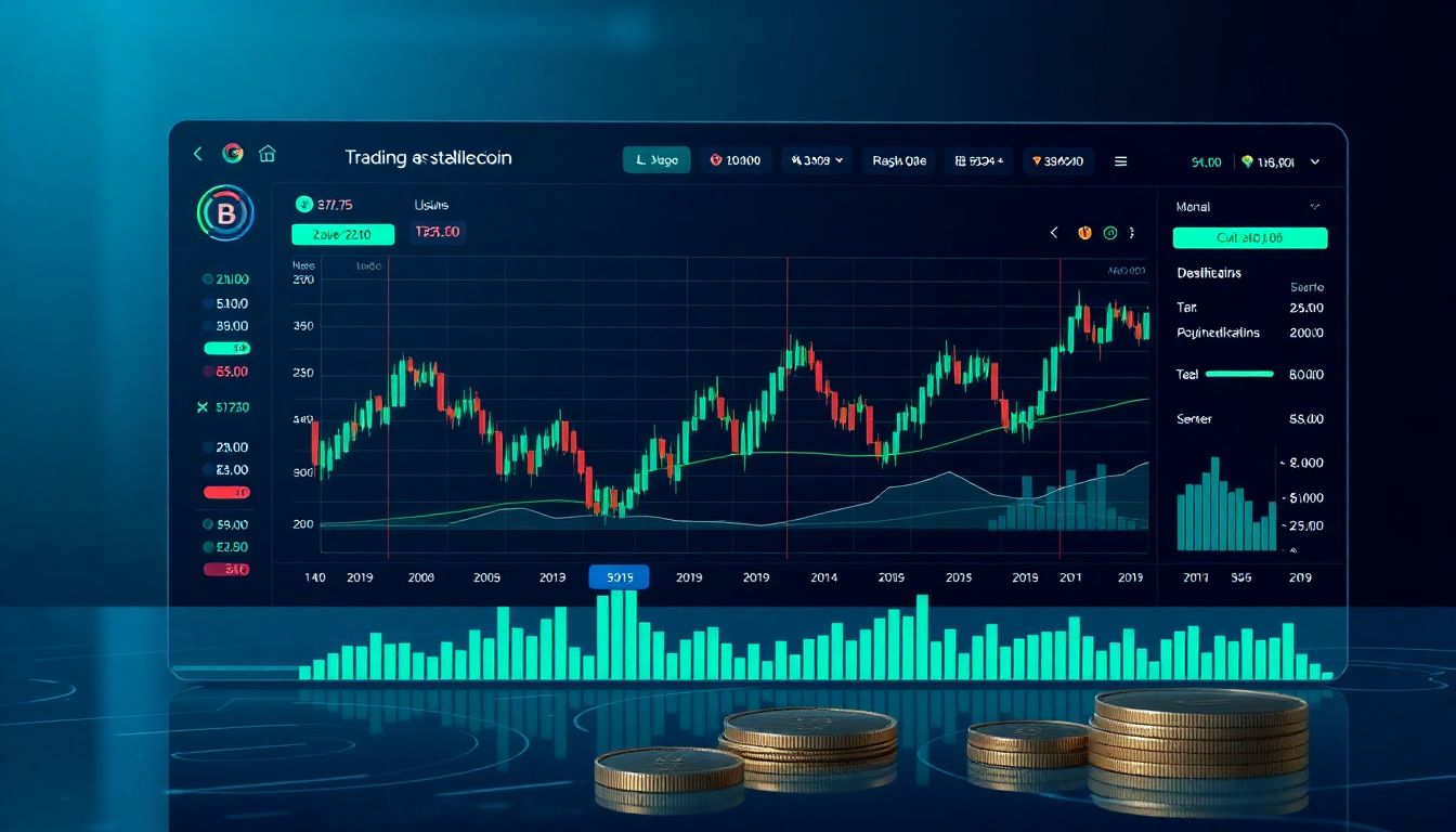 Dashboard mostrando trading algorítmico com stablecoins e blockchain em 2025