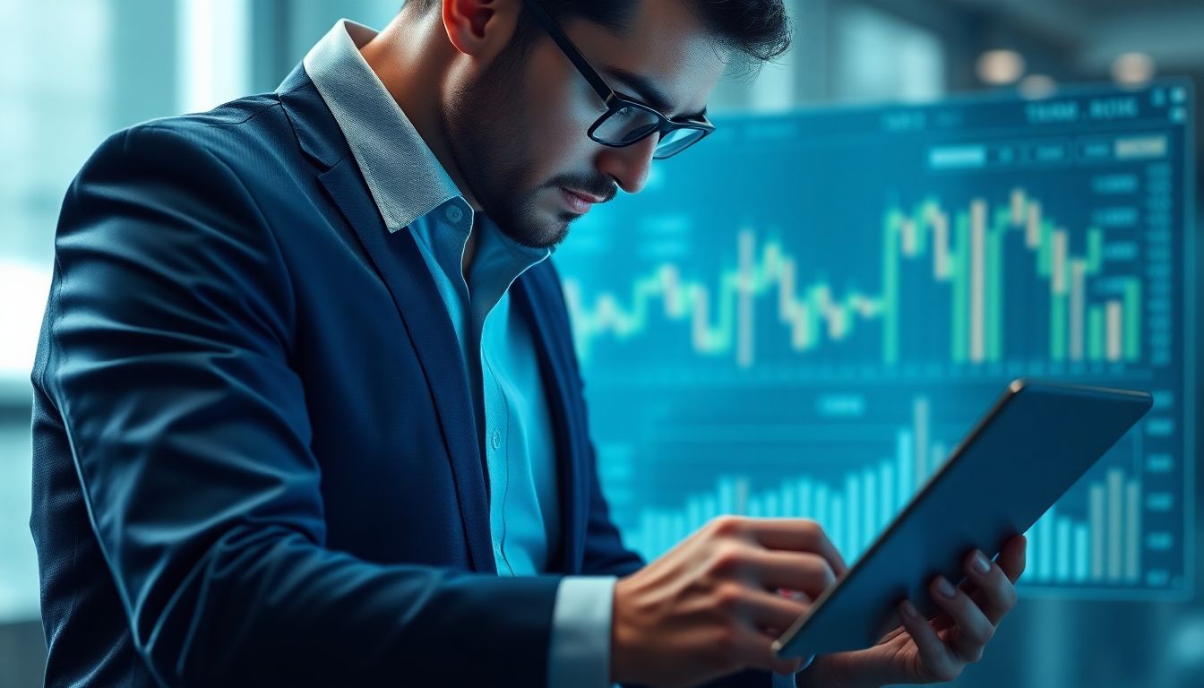 Robôs de investimento analisando tendências nos gráficos financeiros