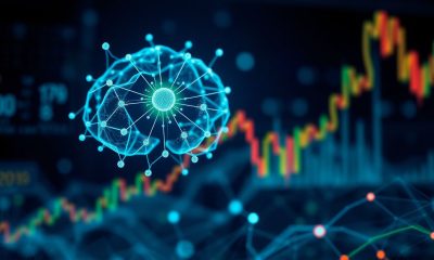 Ilustração da integração entre inteligência artificial generativa e gráficos de trading algorítmico.