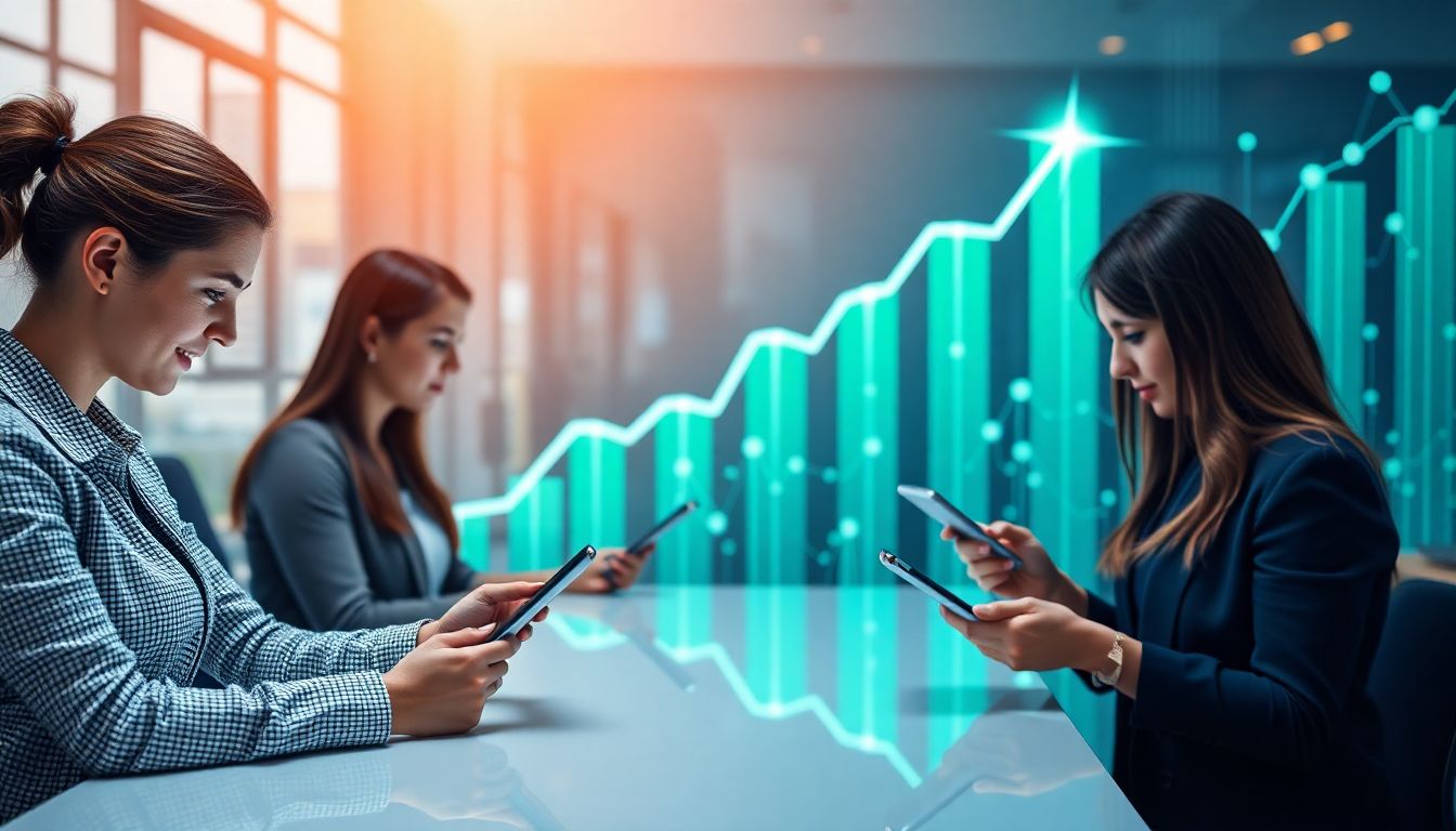 Pessoas usando dispositivos digitais para aumentar seus resultados de marketing com baixo custo.