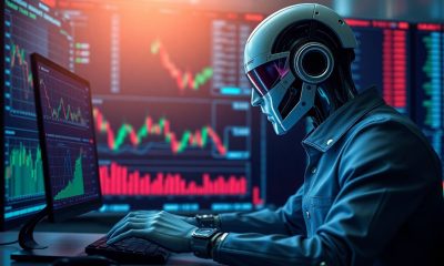 Robô analisando gráficos financeiros no ambiente de trading