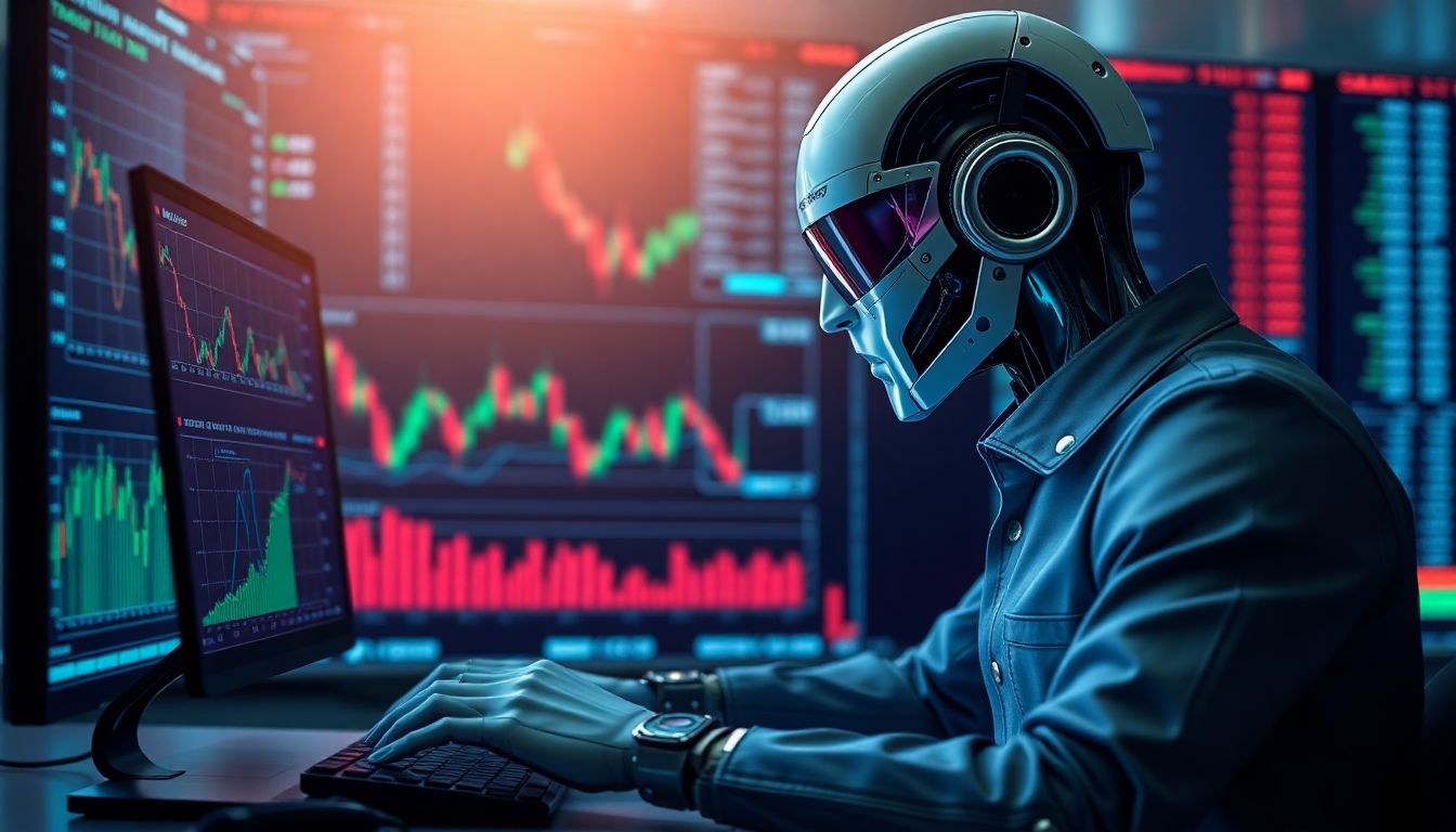 Robô analisando gráficos financeiros no ambiente de trading