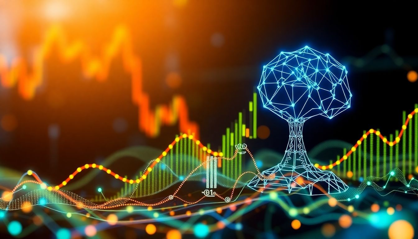 Gráfico de trading algorítmico com elementos de IA, simbolizando estratégias de investimento inovadoras.