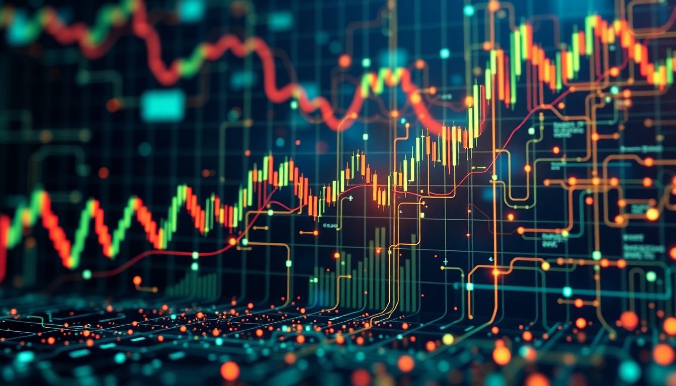 Gráficos financeiros integrados com elementos de IA em ambiente de trading.
