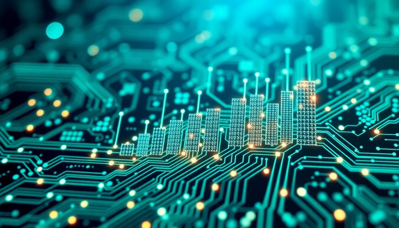 magem ilustrativa de gráficos financeiros integrados a circuitos digitais e elementos de inteligência artificial, representando as Big Techs e sua performance inovadora.