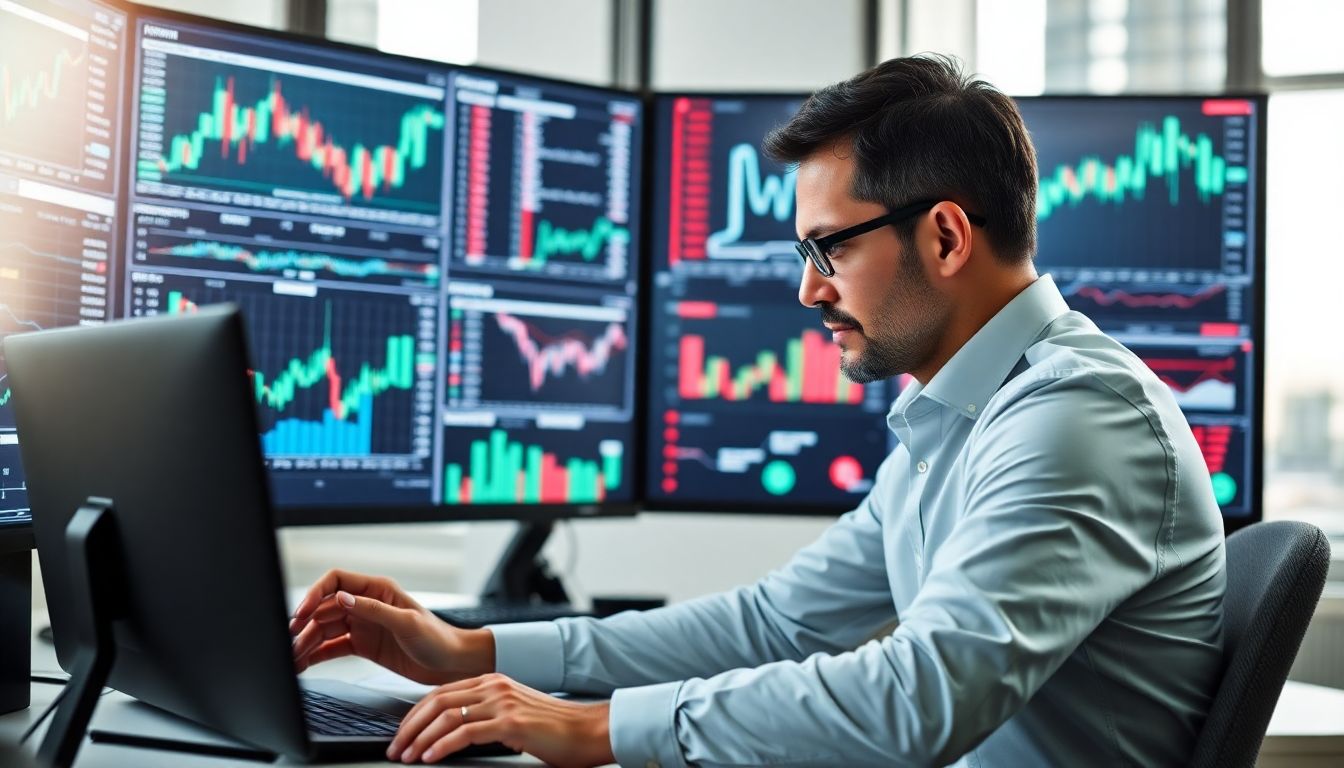 Executivo utilizando inteligência artificial para transformar big data em decisões estratégicas de trading automatizado