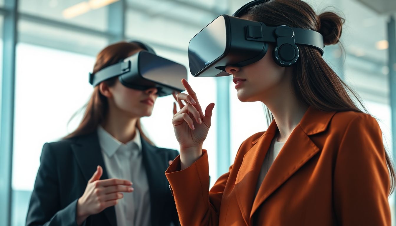 Usuários interagindo com tecnologia de realidade virtual no metaverso.