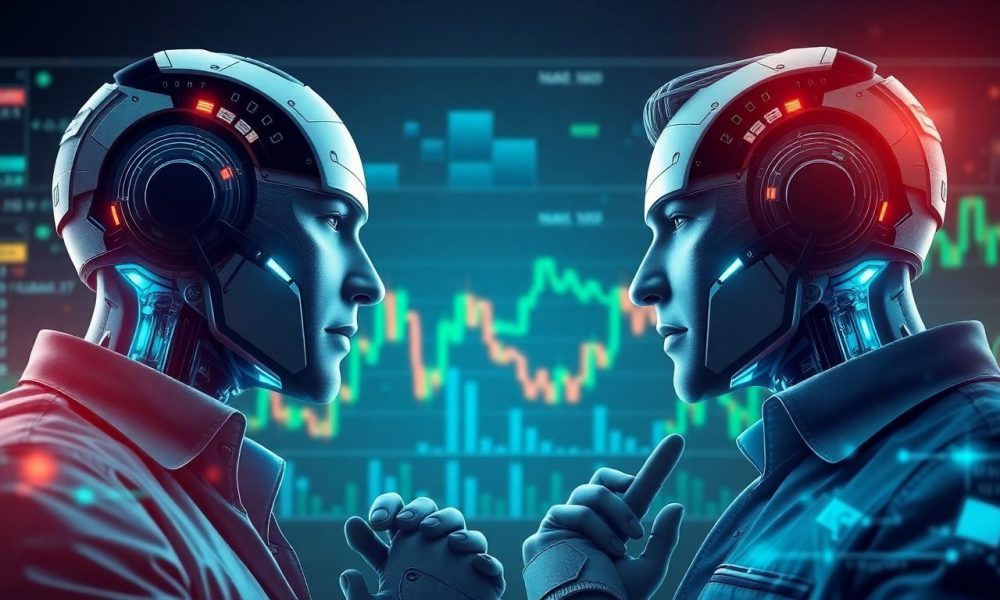 Confronto visual entre big techs e fintechs brasileiras no mercado de trading algorítmico com robôs traders