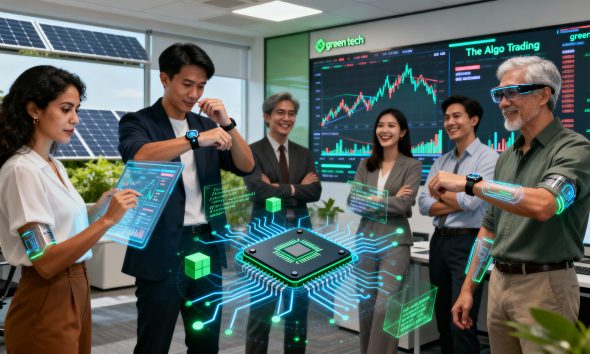 Chip neuromórfico processando dados de trading algorítmico com conexões neurais em tempo real