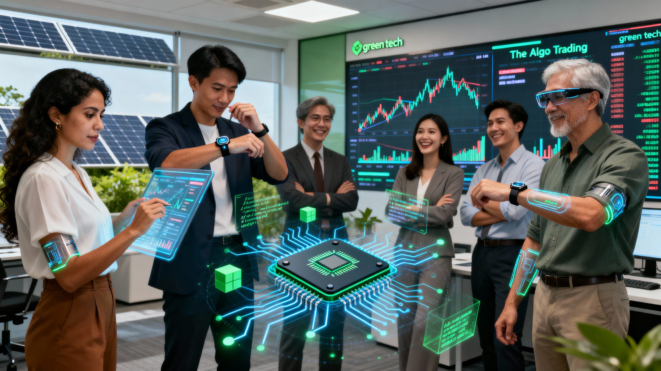 Chip neuromórfico processando dados de trading algorítmico com conexões neurais em tempo real