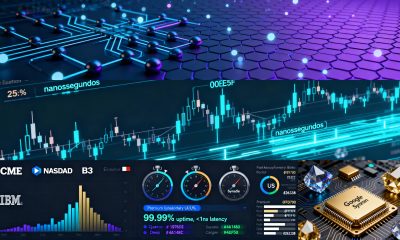 Visualização futurística mostrando quantum error correction transformando algoritmos de trading HFT, com surface codes, gráficos de performance e logos de exchanges globais CME, NASDAQ e B3