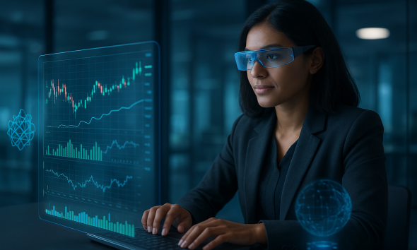 Profissional analisando gráficos holográficos de trading com tecnologia de IA em um escritório futurista, representando um robô de trading autoajustável em 2025.