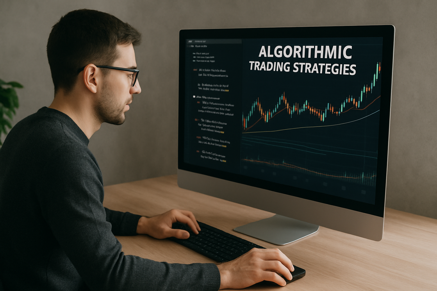 Programador desenvolvendo estratégias de trading algorítmico em 2025 com gráficos e código na tela.