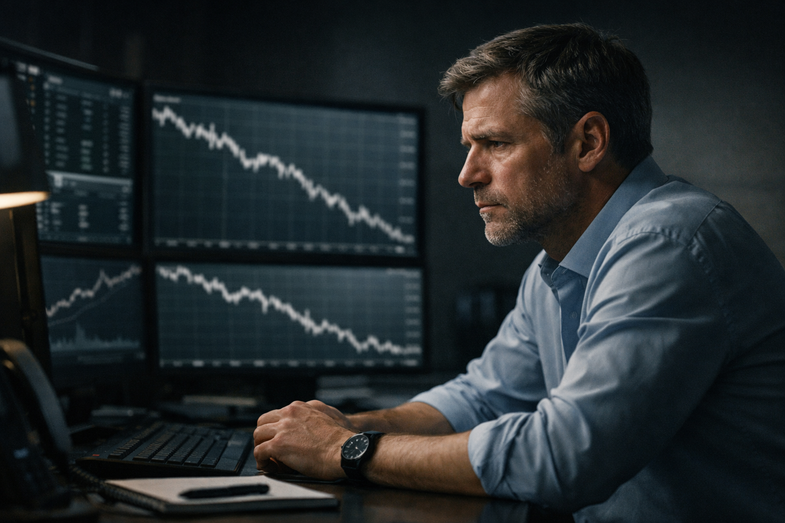 Trader profissional observando o mercado em movimento, mas enfrentando dificuldade mesmo com o preço andando na mesma direção