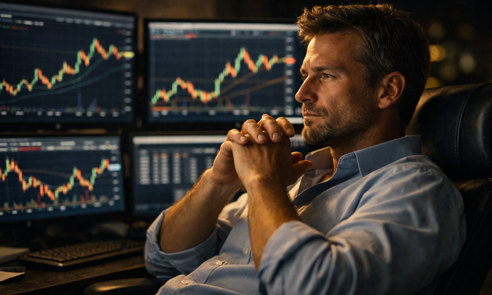 Trader profissional sentado à noite diante de múltiplos monitores com gráficos de mercado, postura calma e controlada, ambiente iluminado com luz amarela suave simbolizando disciplina e paciência no trading.