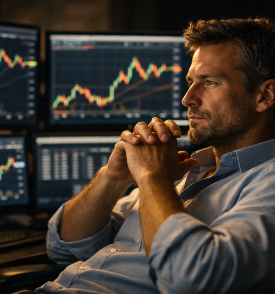 Trader profissional sentado à noite diante de múltiplos monitores com gráficos de mercado, postura calma e controlada, ambiente iluminado com luz amarela suave simbolizando disciplina e paciência no trading.