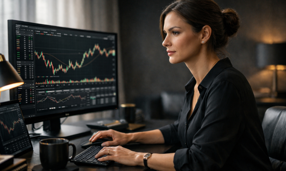 Trader mulher operando pela manhã em ambiente doméstico com gráficos no monitor, expressão concentrada e postura disciplinada, luz suave destacando foco e controle emocional no trading.