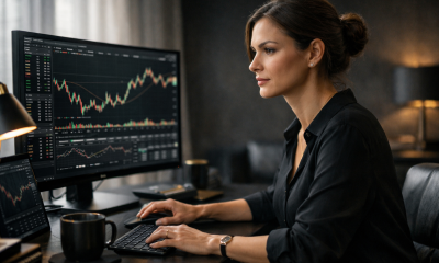 Trader mulher operando pela manhã em ambiente doméstico com gráficos no monitor, expressão concentrada e postura disciplinada, luz suave destacando foco e controle emocional no trading.