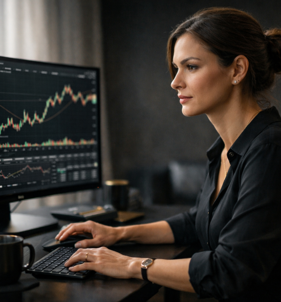 Trader mulher operando pela manhã em ambiente doméstico com gráficos no monitor, expressão concentrada e postura disciplinada, luz suave destacando foco e controle emocional no trading.