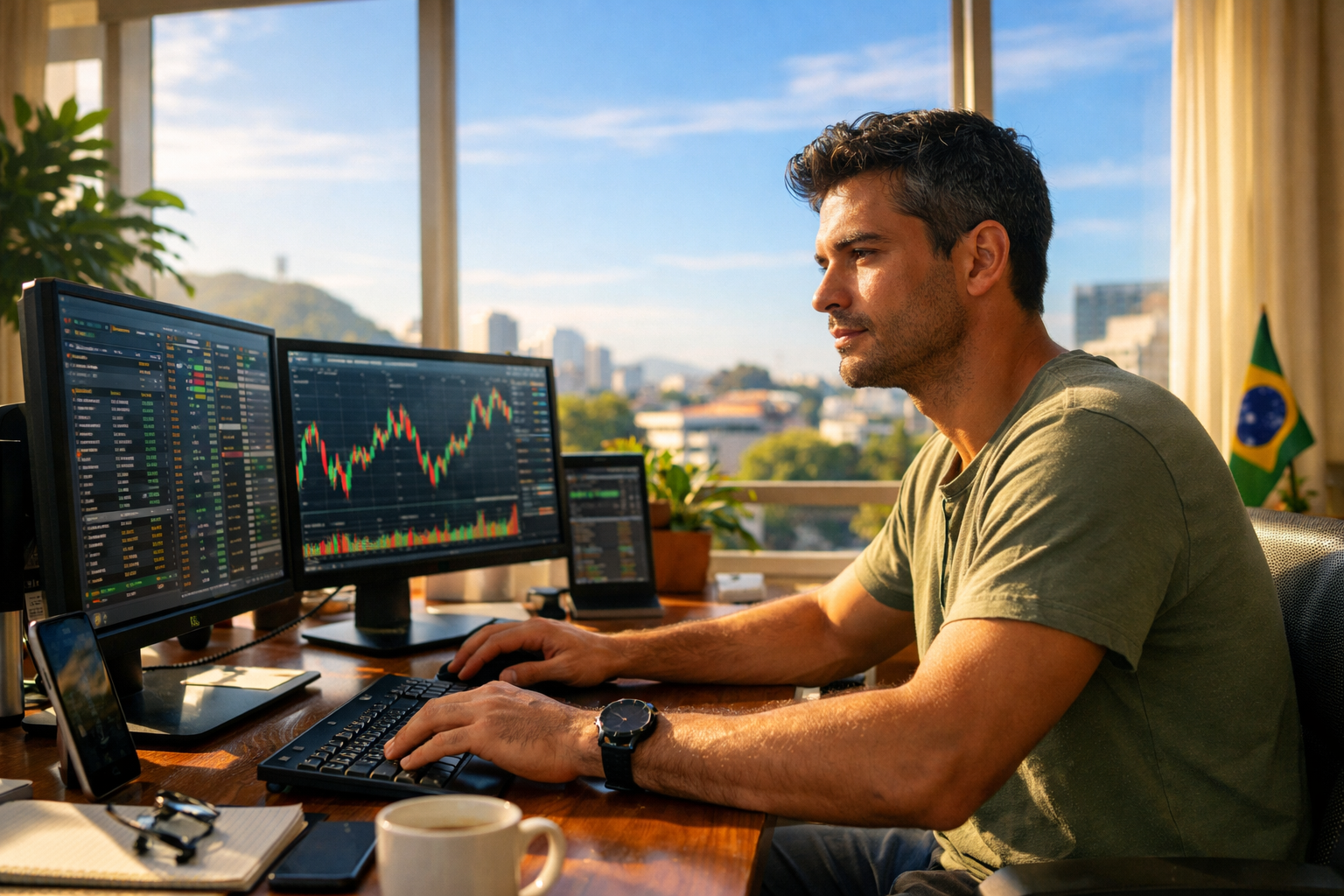 Trader masculino sozinho em ambiente escuro observando gráficos no monitor com expressão tensa, luz dourada lateral destacando pressão emocional e urgência no trading.