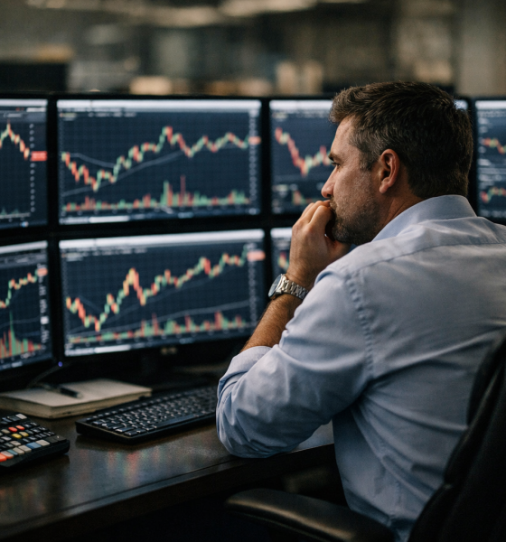 trader profissional analisando fluxo de mercado em ambiente de trading desk