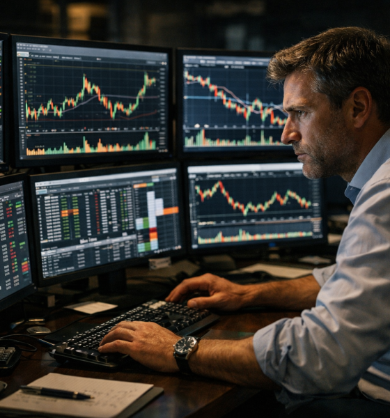 Trader profissional analisando fluxo de mercado em ambiente de alta performance no daytrade