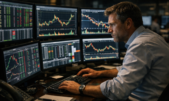 Trader profissional analisando fluxo de mercado em ambiente de alta performance no daytrade