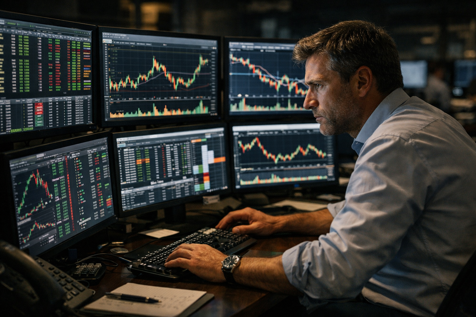 Trader profissional analisando fluxo de mercado em ambiente de alta performance no daytrade