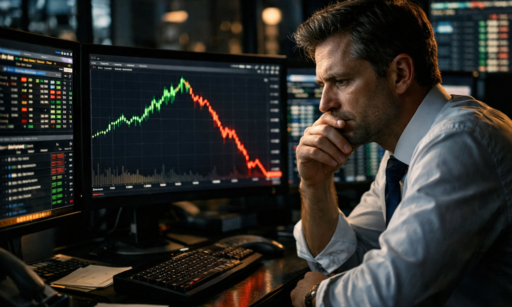 Trader observando lucro virar prejuízo no mercado financeiro
