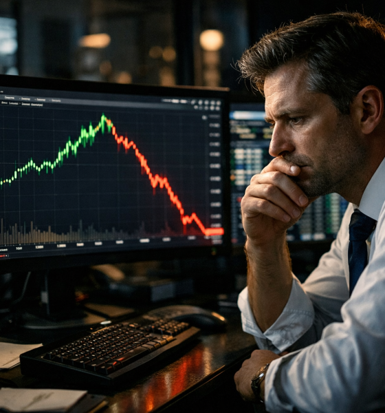 Trader observando lucro virar prejuízo no mercado financeiro