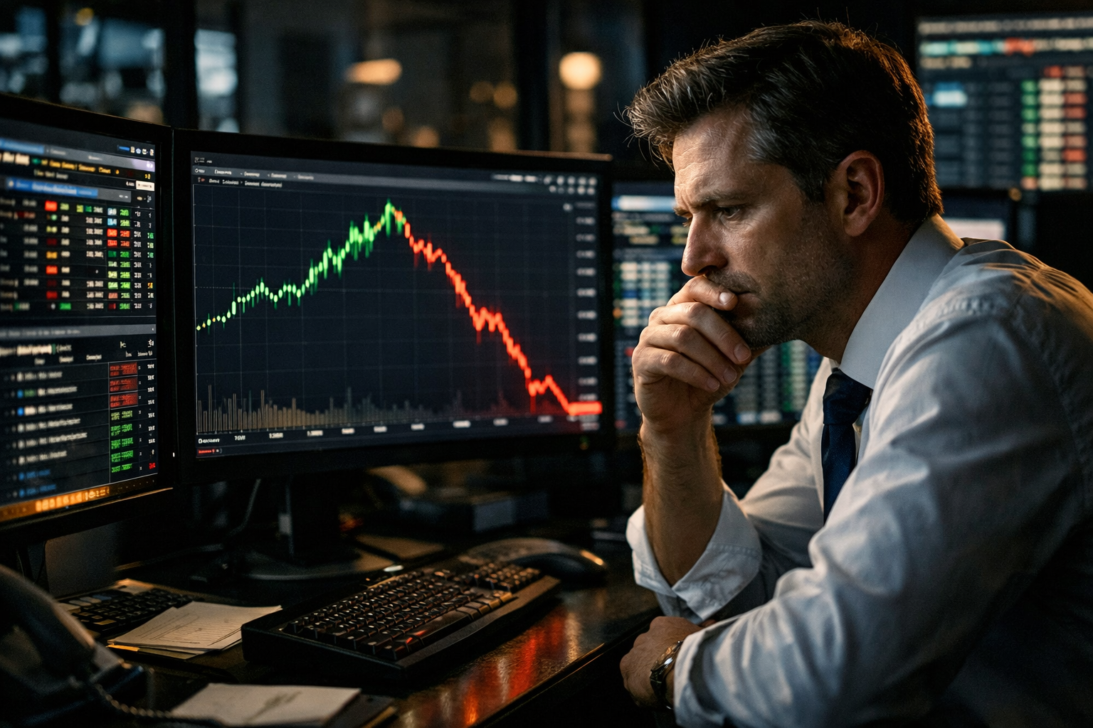 Trader observando lucro virar prejuízo no mercado financeiro
