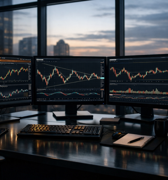 Gráficos financeiros mostrando indecisão do mercado na segunda-feira