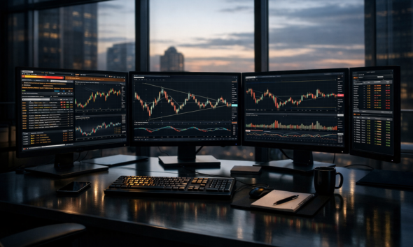 Gráficos financeiros mostrando indecisão do mercado na segunda-feira